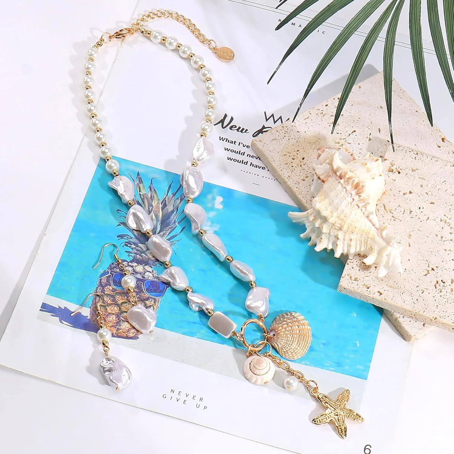 Coiris Natural Seashell Choker Necklaces Earrings Jewelry Set for Women Starfish Shell Freshwater Pearl Collar Necklaces for Women Irregular Mother of Pearl Jewelry Set