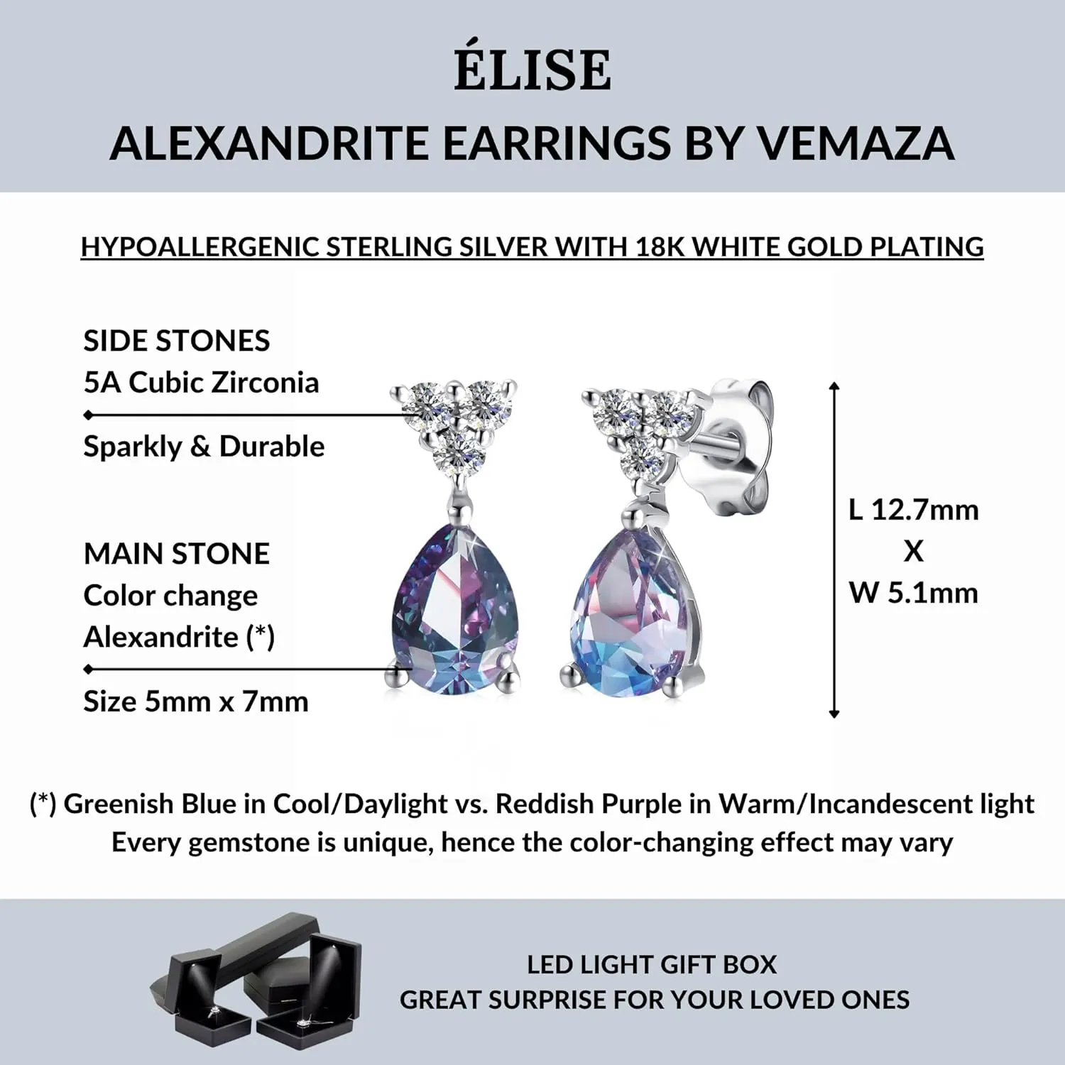 Color Change Alexandrite Earrings 925 Sterling Silver June Birthstone Round Cut Oval Cut Halo Hypoallergenic Drop Dangle Stud Simulated Created Alexandrite Earrings for Women