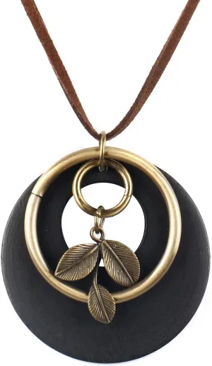 color cosplayer Leather Cord Necklace Vintage Style Wooden Leaf Boho Statement Long Necklace for Women Handmade Jewelry