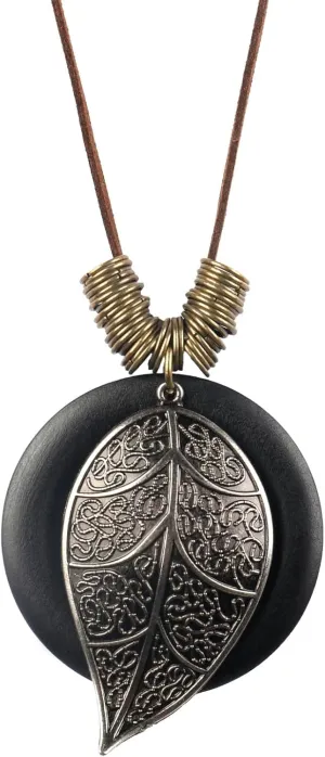 color cosplayer Leather Cord Necklace Vintage Style Wooden Leaf Boho Statement Long Necklace for Women Handmade Jewelry