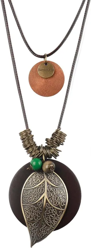 color cosplayer Leather Cord Necklace Vintage Style Wooden Leaf Boho Statement Long Necklace for Women Handmade Jewelry
