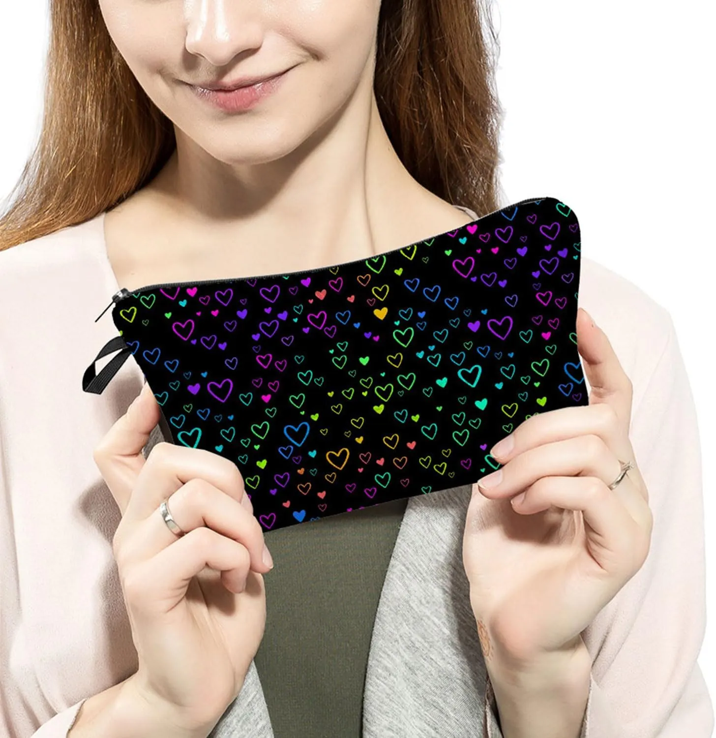 Colorful Heart Makeup Bag Cute Small Makeup Organizer Bag Travel Toiletry Zipper Pouch Birthday Christmas Valentine Gift Heart Cosmetic Bag for Women Friends