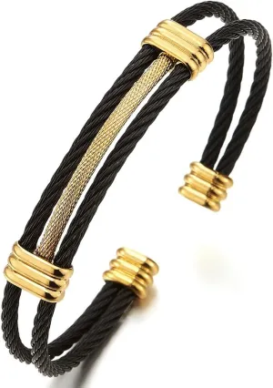 COOLSTEELANDBEYOND Men Women Stainless Steel Twisted Cable Adjustable Cuff Bangle Bracelet