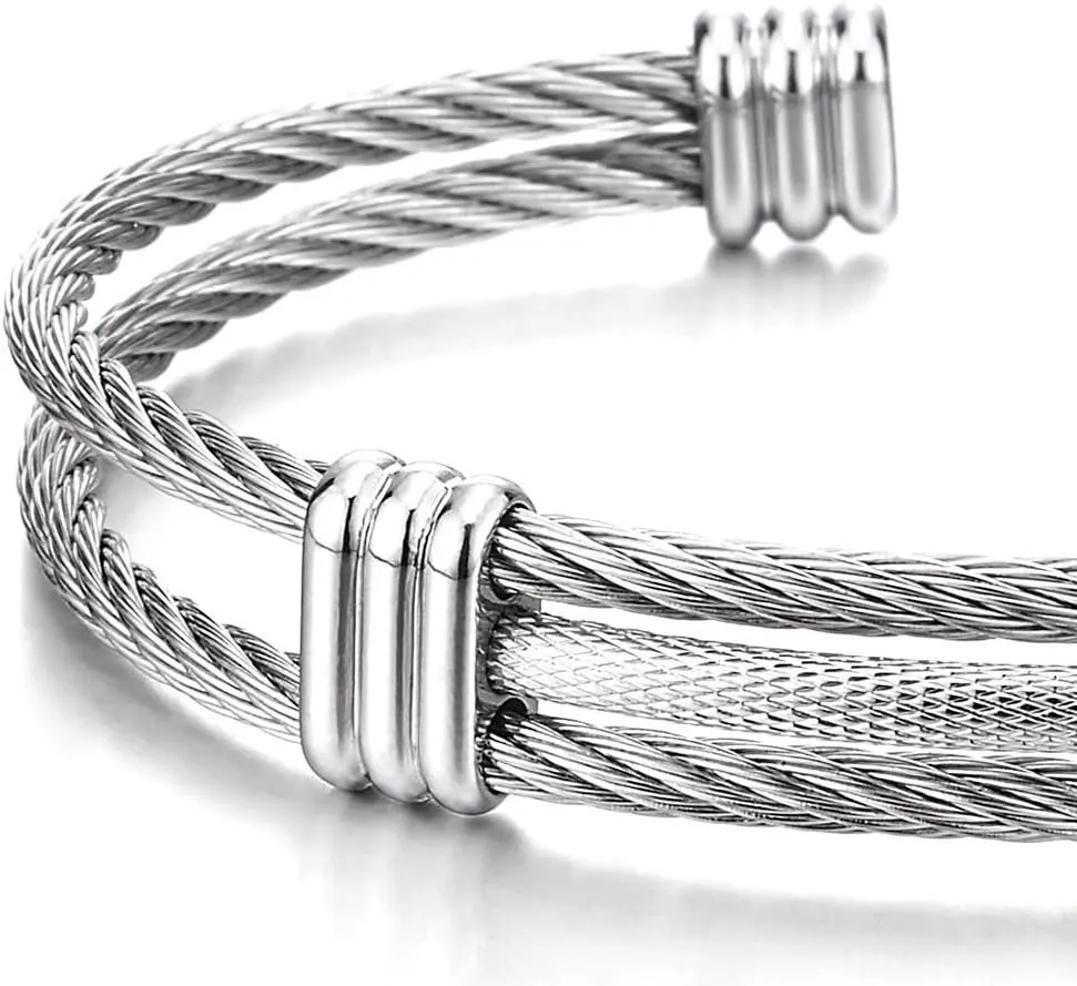 COOLSTEELANDBEYOND Men Women Stainless Steel Twisted Cable Adjustable Cuff Bangle Bracelet