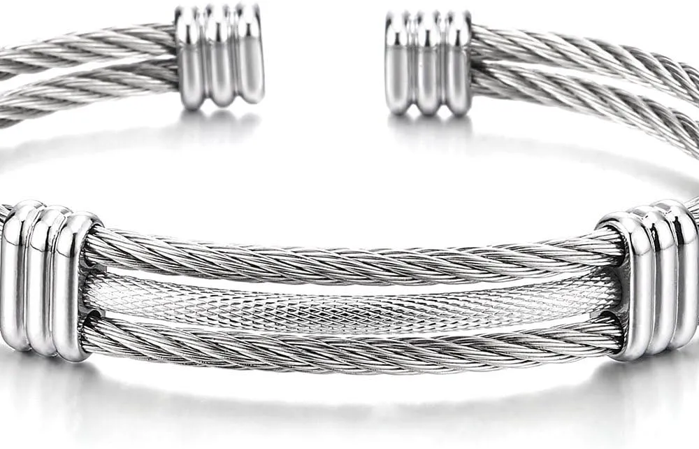 COOLSTEELANDBEYOND Men Women Stainless Steel Twisted Cable Adjustable Cuff Bangle Bracelet