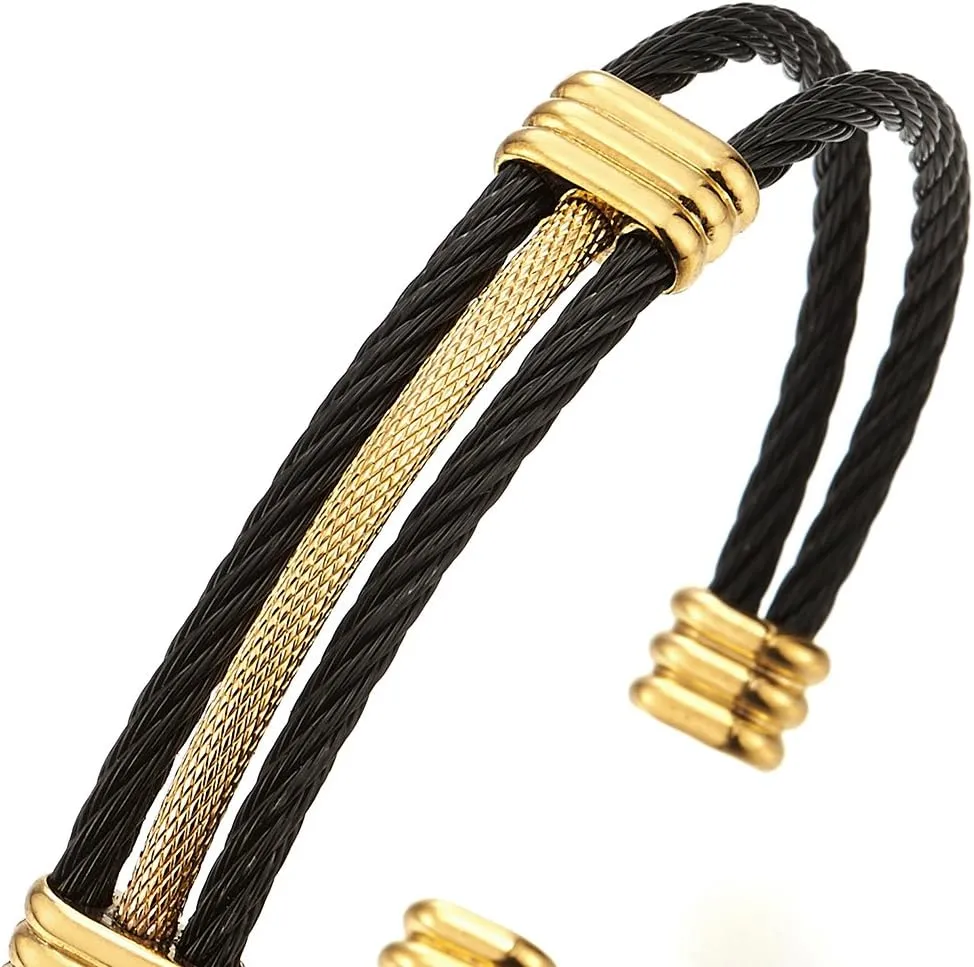 COOLSTEELANDBEYOND Men Women Stainless Steel Twisted Cable Adjustable Cuff Bangle Bracelet