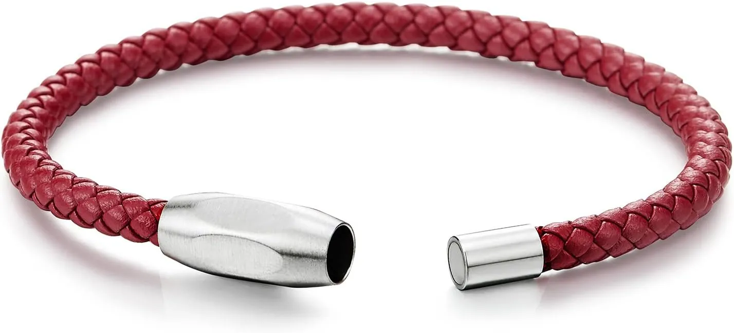 COOLSTEELANDBEYOND Minimalist Mens Women Leather Bracelet, Thin Braided Leather Bangle, Steel Oval Magnetic Clasp