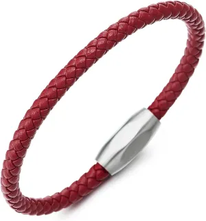 COOLSTEELANDBEYOND Minimalist Mens Women Leather Bracelet, Thin Braided Leather Bangle, Steel Oval Magnetic Clasp