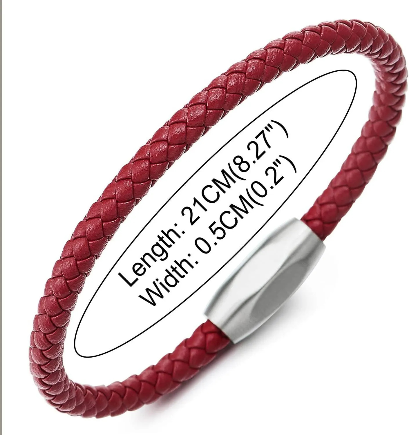 COOLSTEELANDBEYOND Minimalist Mens Women Leather Bracelet, Thin Braided Leather Bangle, Steel Oval Magnetic Clasp