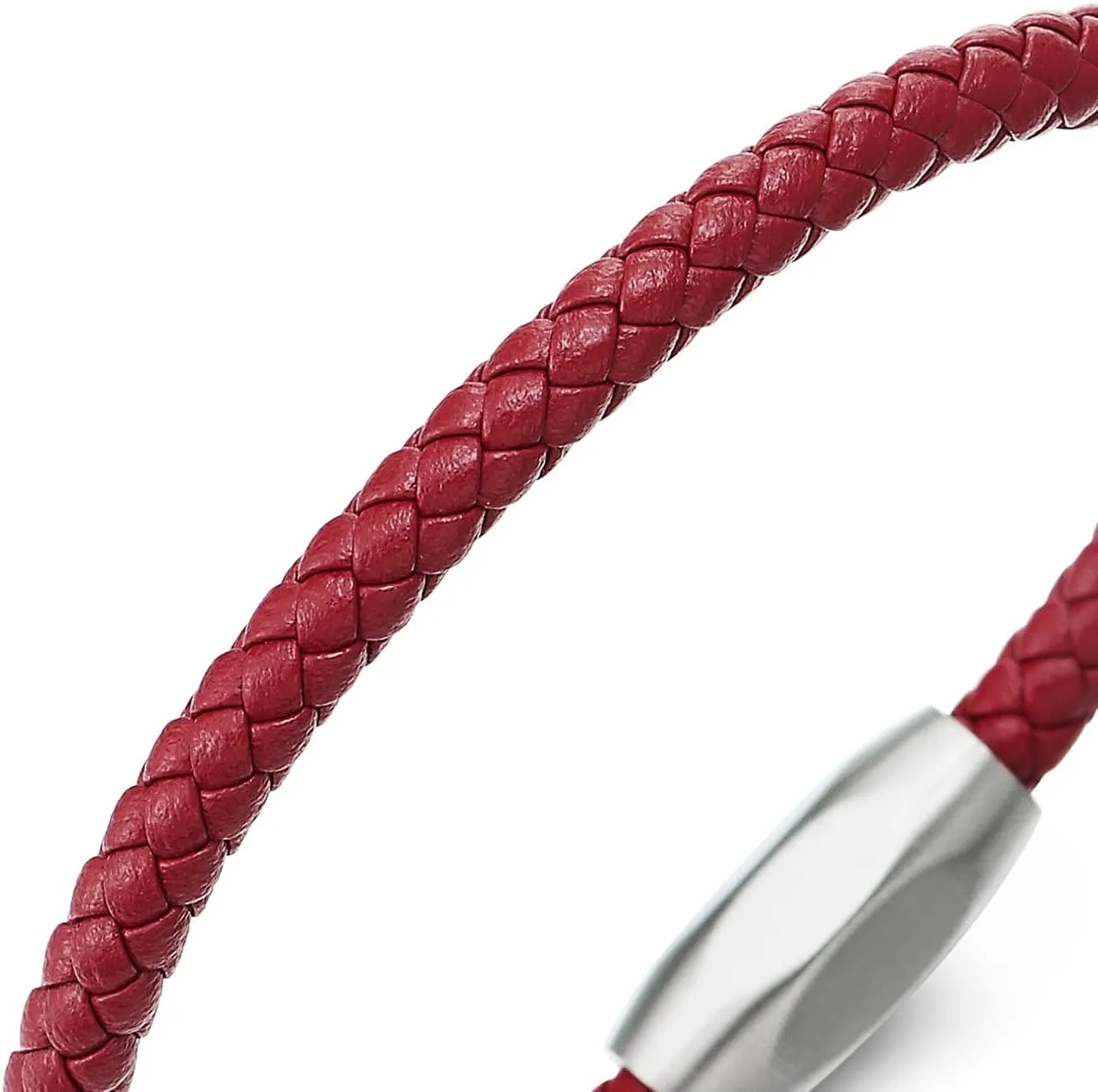 COOLSTEELANDBEYOND Minimalist Mens Women Leather Bracelet, Thin Braided Leather Bangle, Steel Oval Magnetic Clasp