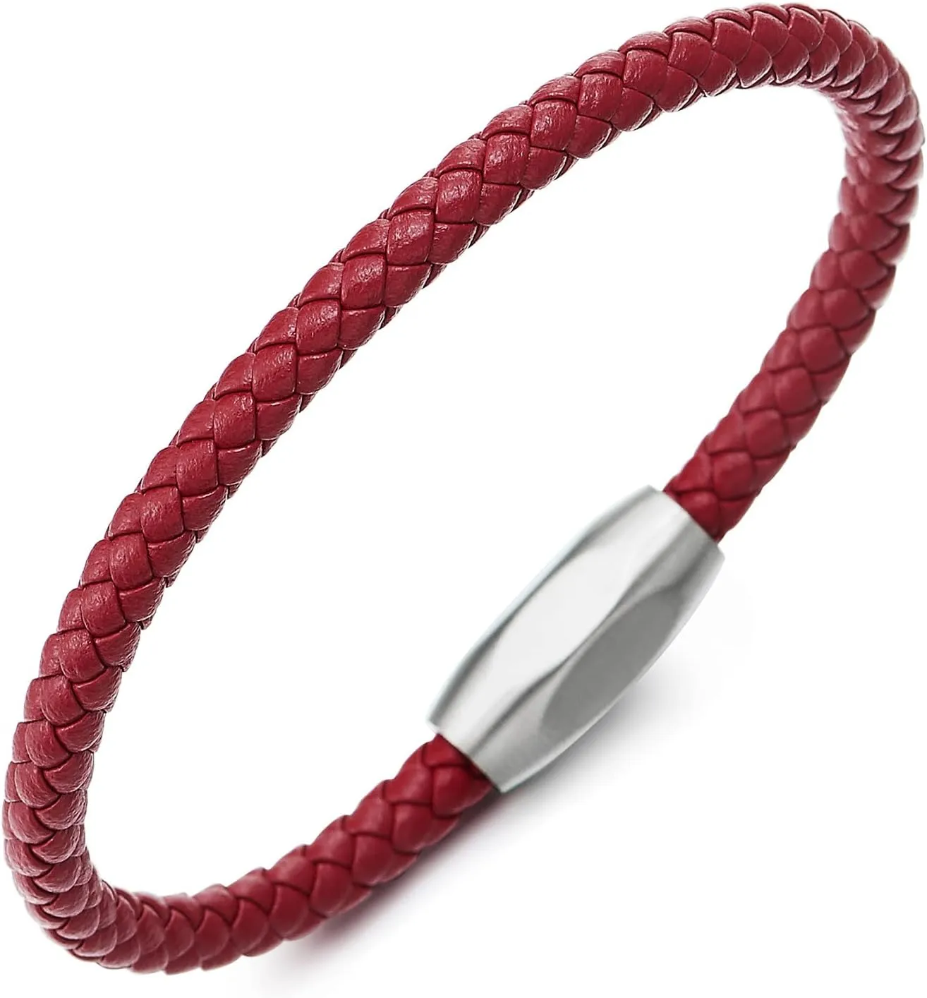 COOLSTEELANDBEYOND Minimalist Mens Women Leather Bracelet, Thin Braided Leather Bangle, Steel Oval Magnetic Clasp