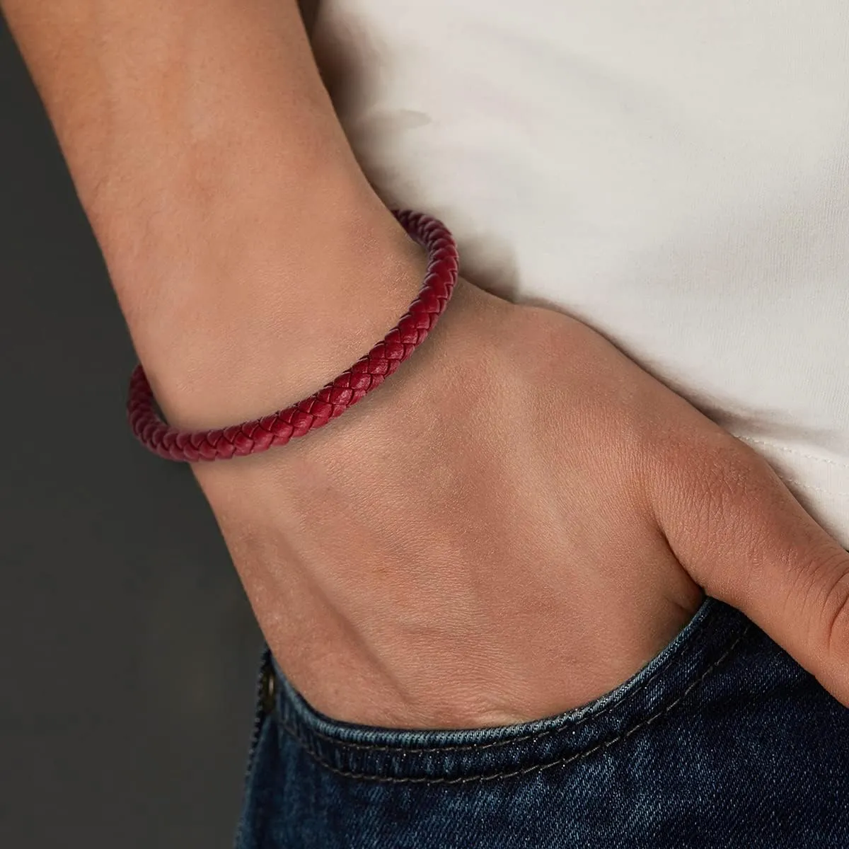 COOLSTEELANDBEYOND Minimalist Mens Women Leather Bracelet, Thin Braided Leather Bangle, Steel Oval Magnetic Clasp