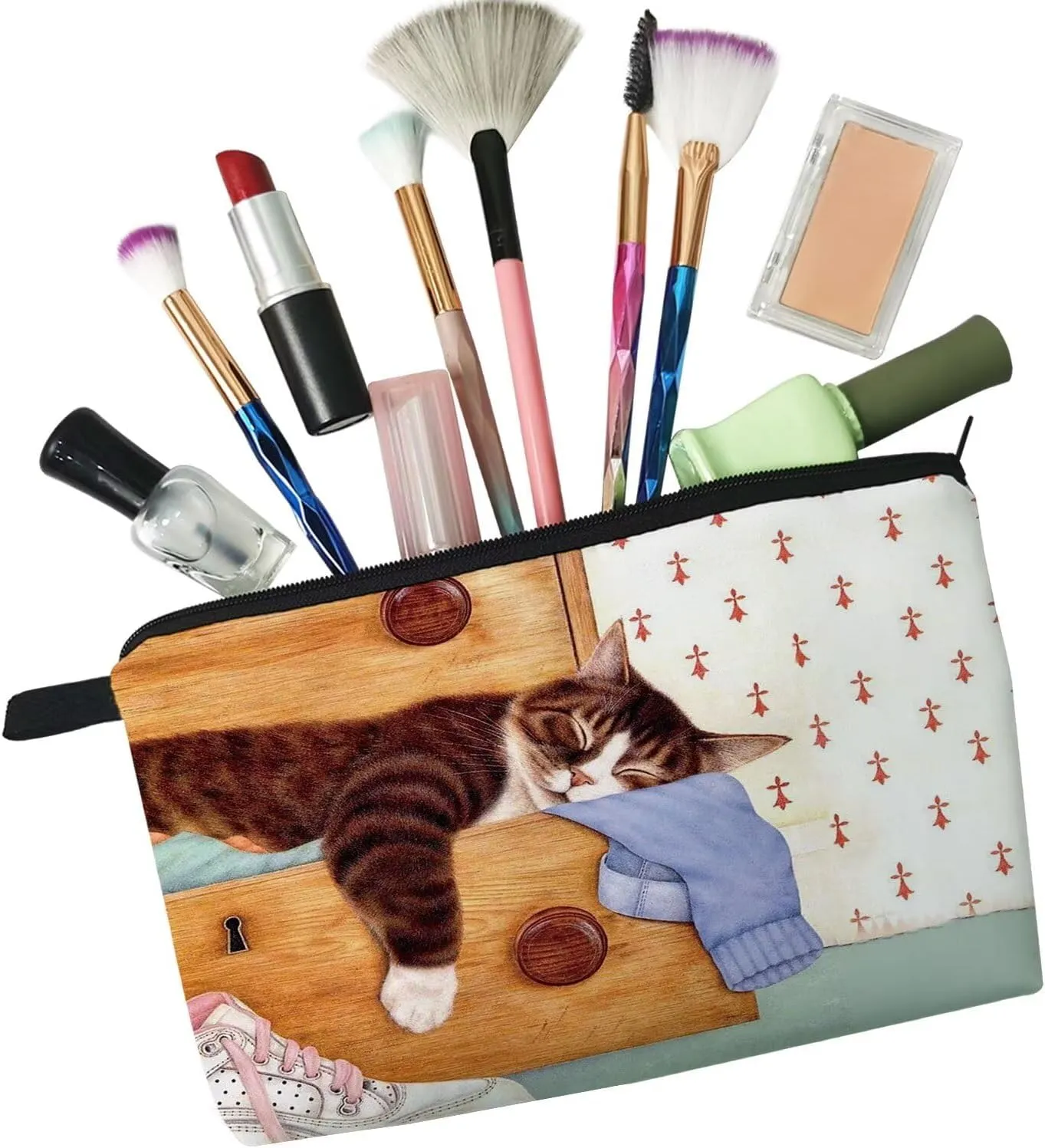 Cosy Cat Makeup Bag Cute Small Organizer Bag Travel Toiletry Zipper Pouch Presents Floral Cat Kitten Cosmetic Bag for Cat Lovers Cat Mom Women Sisters