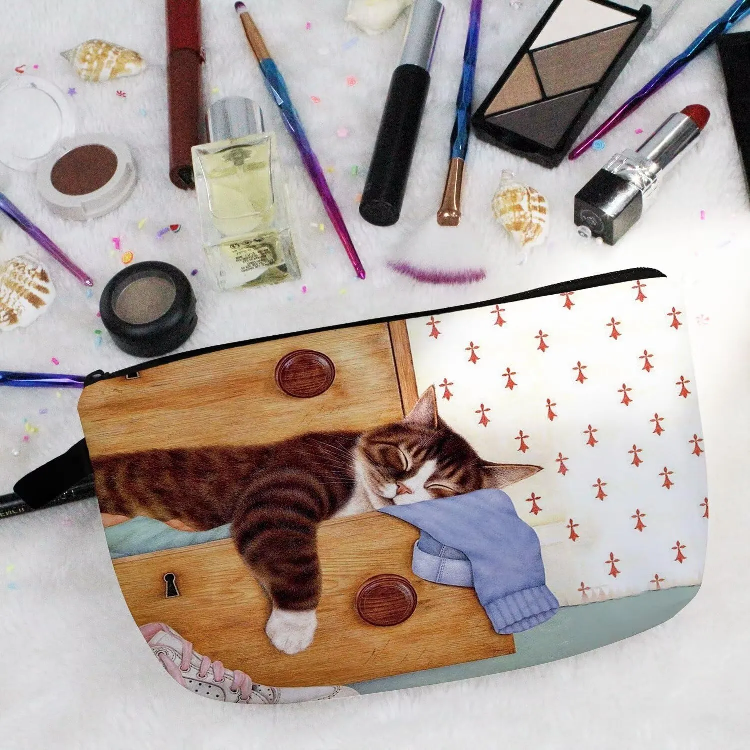 Cosy Cat Makeup Bag Cute Small Organizer Bag Travel Toiletry Zipper Pouch Presents Floral Cat Kitten Cosmetic Bag for Cat Lovers Cat Mom Women Sisters