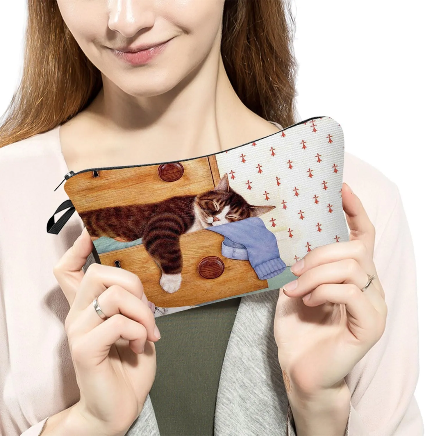 Cosy Cat Makeup Bag Cute Small Organizer Bag Travel Toiletry Zipper Pouch Presents Floral Cat Kitten Cosmetic Bag for Cat Lovers Cat Mom Women Sisters