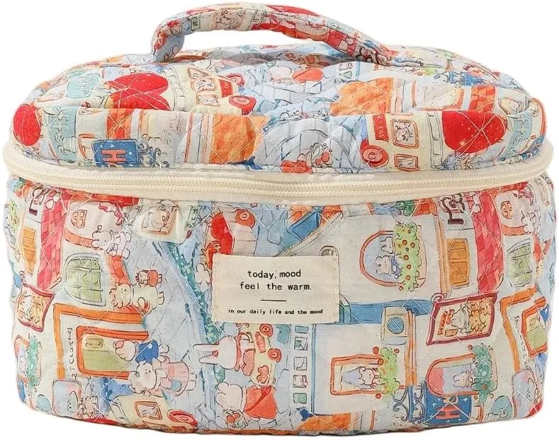 Cotton Quilted Travel Makeup Bag Women Girls Floral Graphic Coquette Large Cosmetic Toiletry Bags Cute Aesthetic Case Organizer Kits (Large04#Bunny)