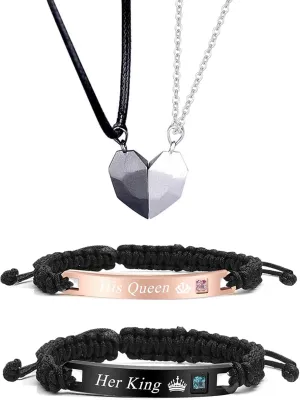Couple Bracelet Long Distance Pulseras Para Mujer Matching Heart Couples Bracelets Necklaces Set for Bf Gf Couples Jewelry Set Couples Gifts for Him Her Wedding Gifts for Couples 2024