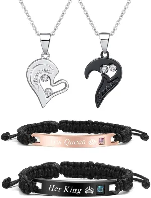 Couple Bracelet Long Distance Pulseras Para Mujer Matching Heart Couples Bracelets Necklaces Set for Bf Gf Couples Jewelry Set Couples Gifts for Him Her Wedding Gifts for Couples 2024