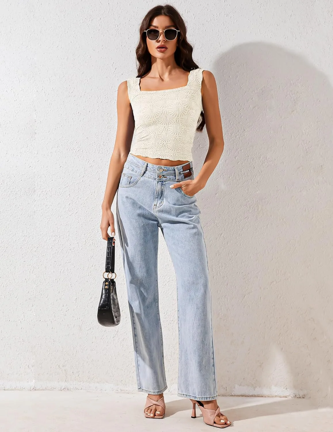 Cropped Tank Tops for Women Square Neck Wide Straps Crop Tank Tops Backless Lettuce Trim Slim Fit Cami Tank Tops