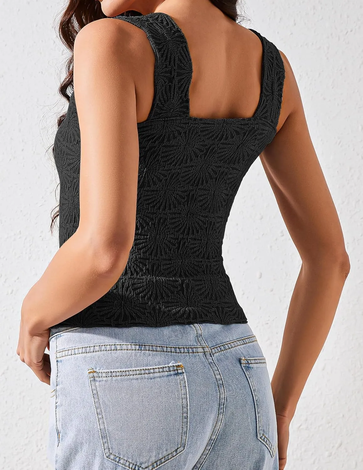 Cropped Tank Tops for Women Square Neck Wide Straps Crop Tank Tops Backless Lettuce Trim Slim Fit Cami Tank Tops