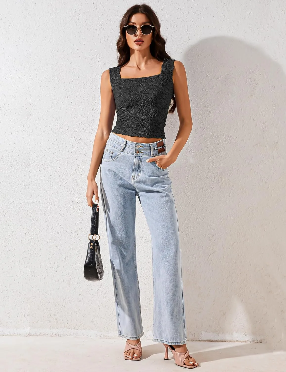 Cropped Tank Tops for Women Square Neck Wide Straps Crop Tank Tops Backless Lettuce Trim Slim Fit Cami Tank Tops