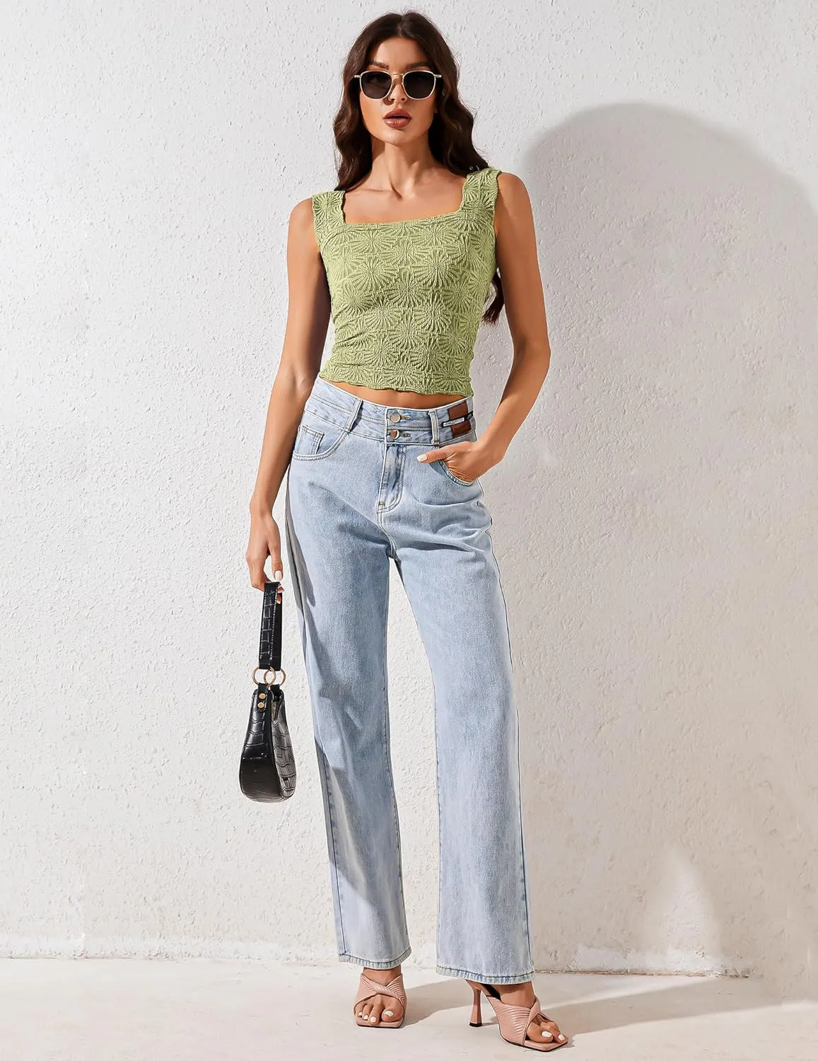 Cropped Tank Tops for Women Square Neck Wide Straps Crop Tank Tops Backless Lettuce Trim Slim Fit Cami Tank Tops