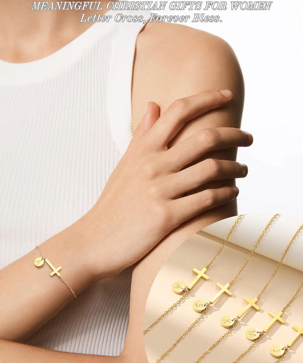 Cross Bracelet for Women, Easter Basket Stuffers for Teens Gold Initial Bracelets for Teen Christian Gifts for Women Dainty Religious Baptism Religious Confirmation Communion Faith Jewelry