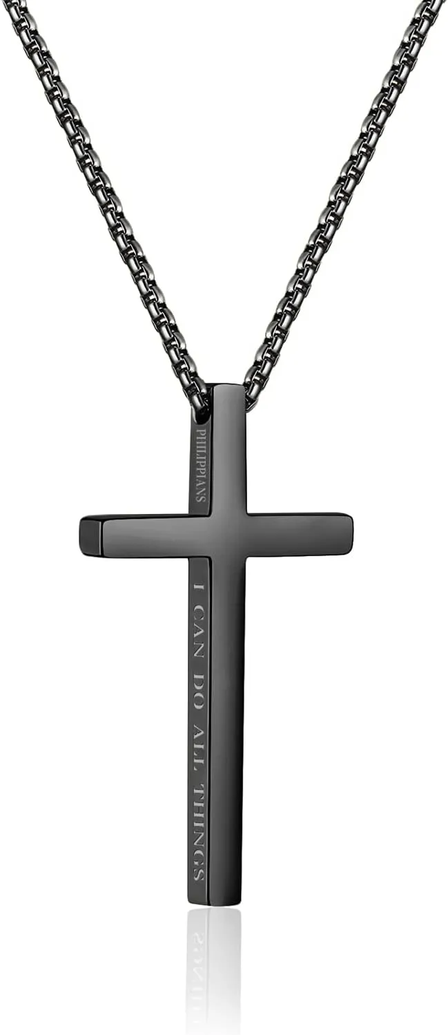 Cross Necklace for Men, Stainless Steel Pendant Box Chain Jewelry, Christmas Stocking Stuffers, Christian Baptism Birthday Boys Ideas Gifts, Chain:18 inches Cross Pendant 1.9" *1.1", Stainless Steel,