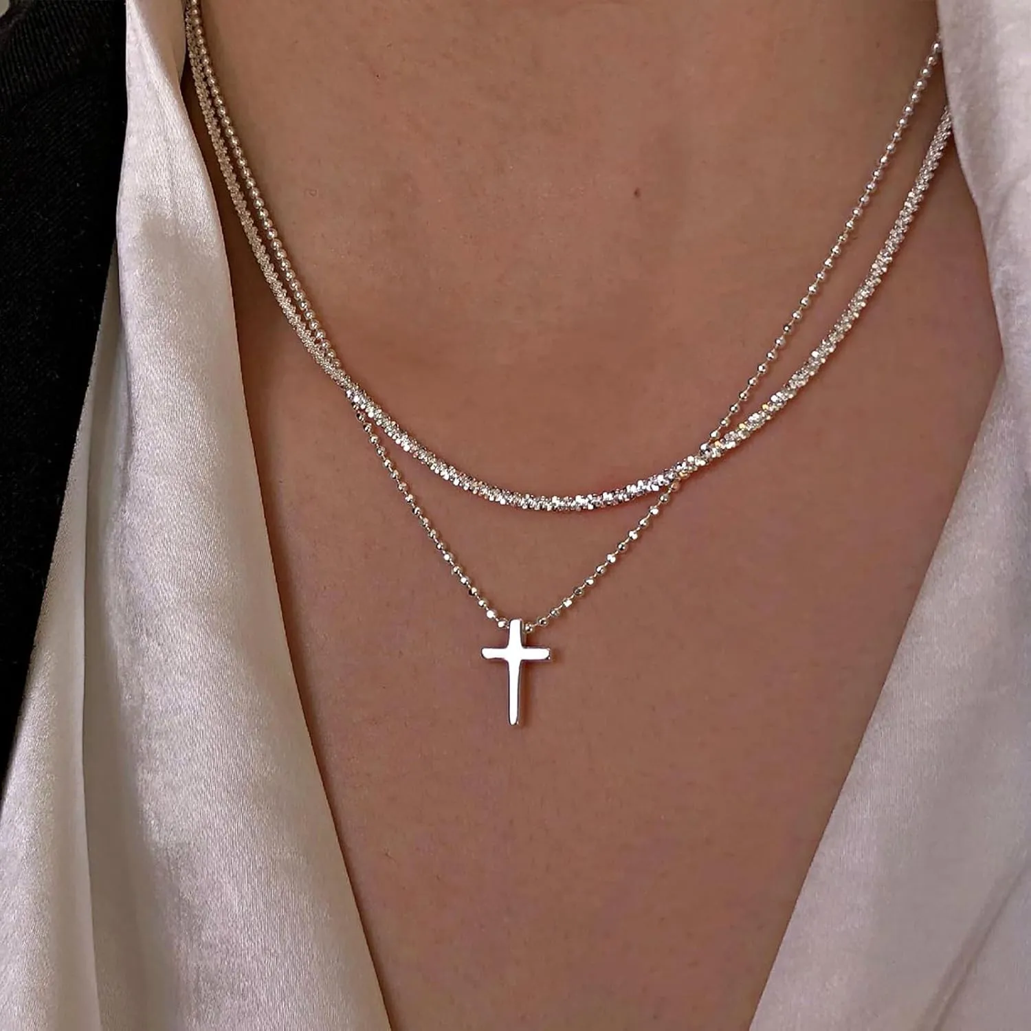 Cross Necklace for Women, 14K Gold/Silver Layered Cross Necklaces Dainty Cubic Zirconia Cross Necklaces Sideways Pearl Cross Choker Necklace for Women Trendy Necklace for Women Jewelry Gift