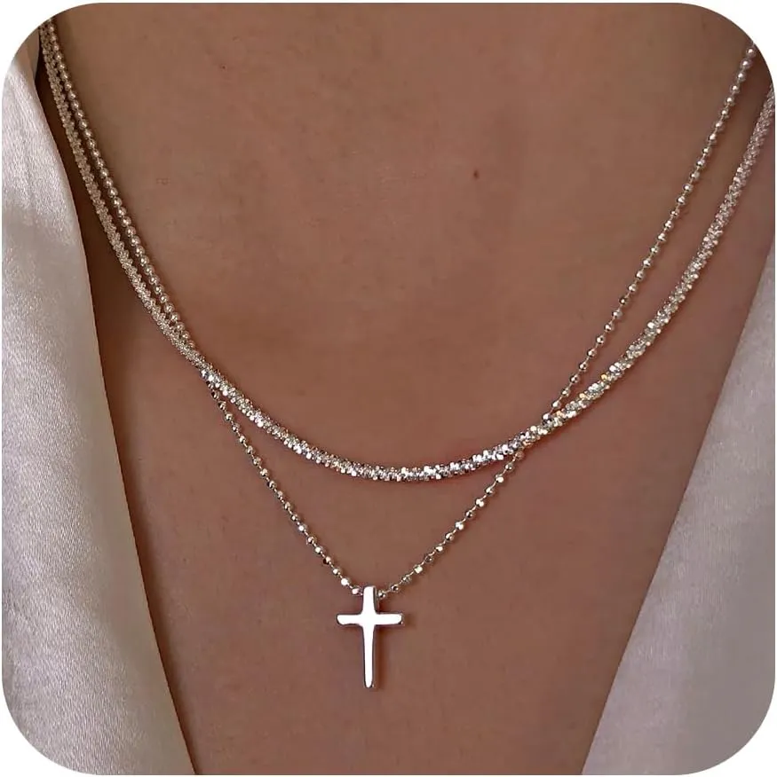Cross Necklace for Women, 14K Gold/Silver Layered Cross Necklaces Dainty Cubic Zirconia Cross Necklaces Sideways Pearl Cross Choker Necklace for Women Trendy Necklace for Women Jewelry Gift