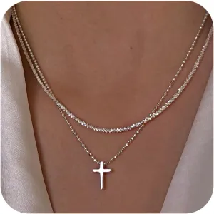 Cross Necklace for Women, 14K Gold/Silver Layered Cross Necklaces Dainty Cubic Zirconia Cross Necklaces Sideways Pearl Cross Choker Necklace for Women Trendy Necklace for Women Jewelry Gift