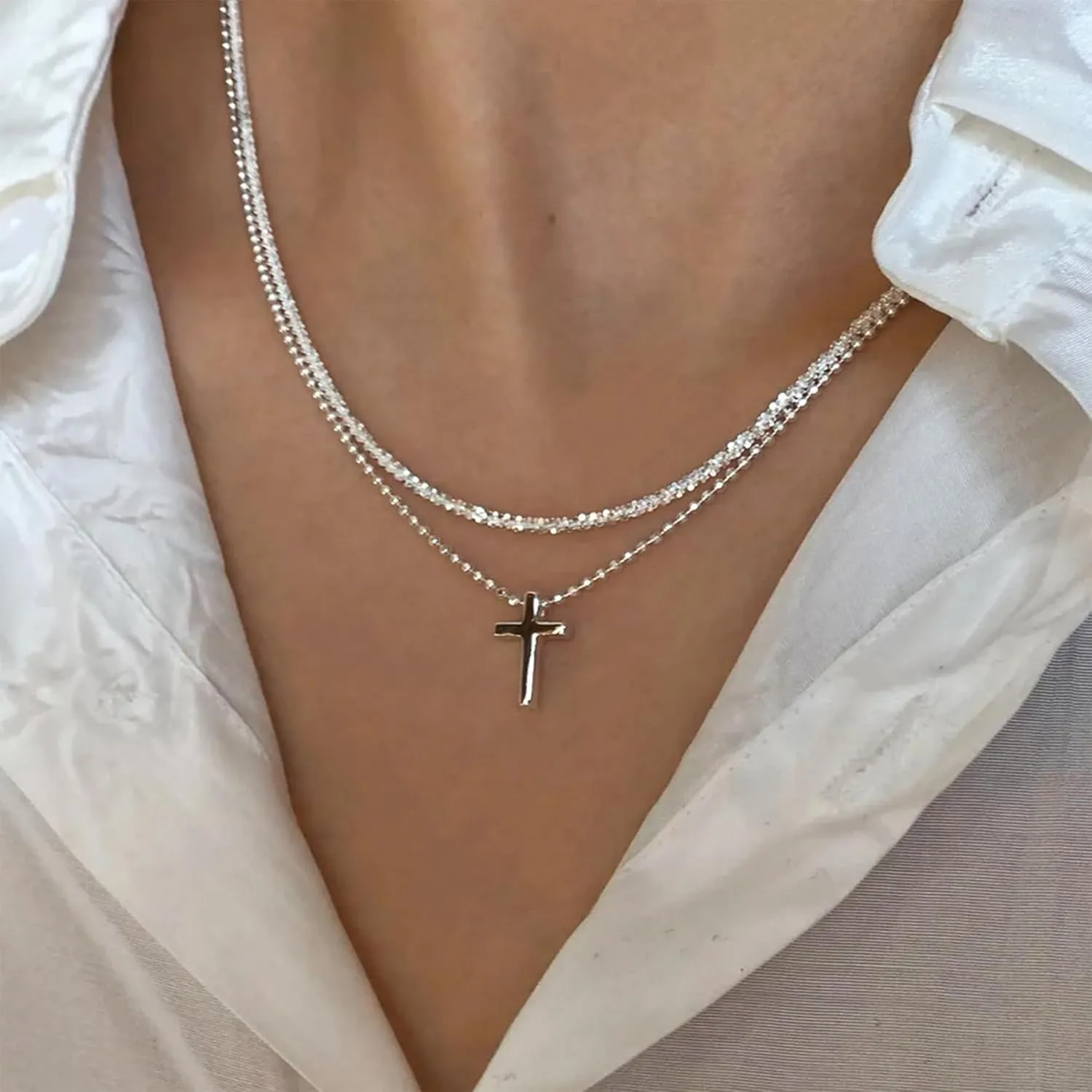 Cross Necklace for Women, 14K Gold/Silver Layered Cross Necklaces Dainty Cubic Zirconia Cross Necklaces Sideways Pearl Cross Choker Necklace for Women Trendy Necklace for Women Jewelry Gift