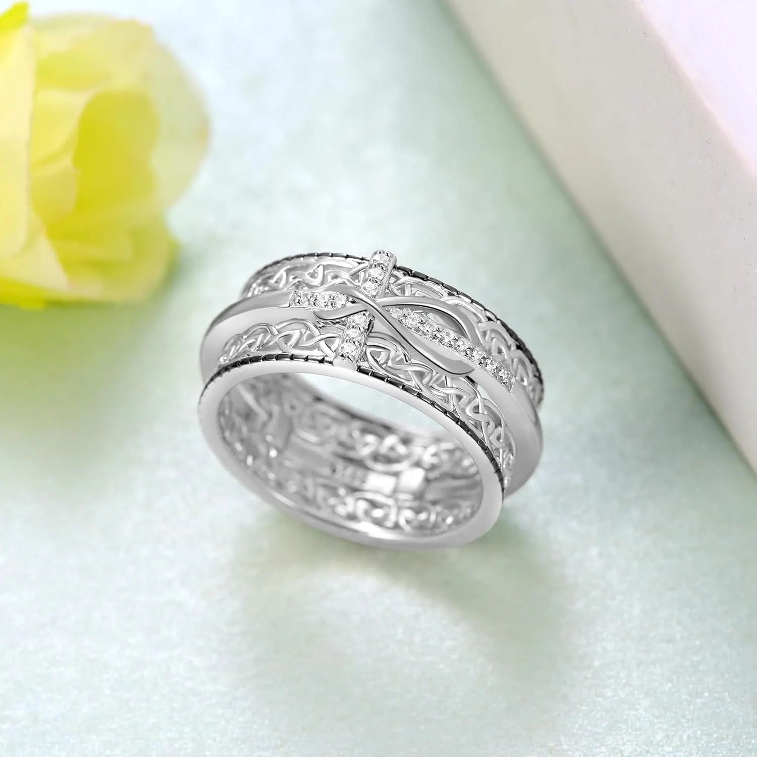 Cross Spinner Ring for Women Sterling Silver Cross Fidget Ring Christian Jewelry Gifts for Women (SZIE 7)
