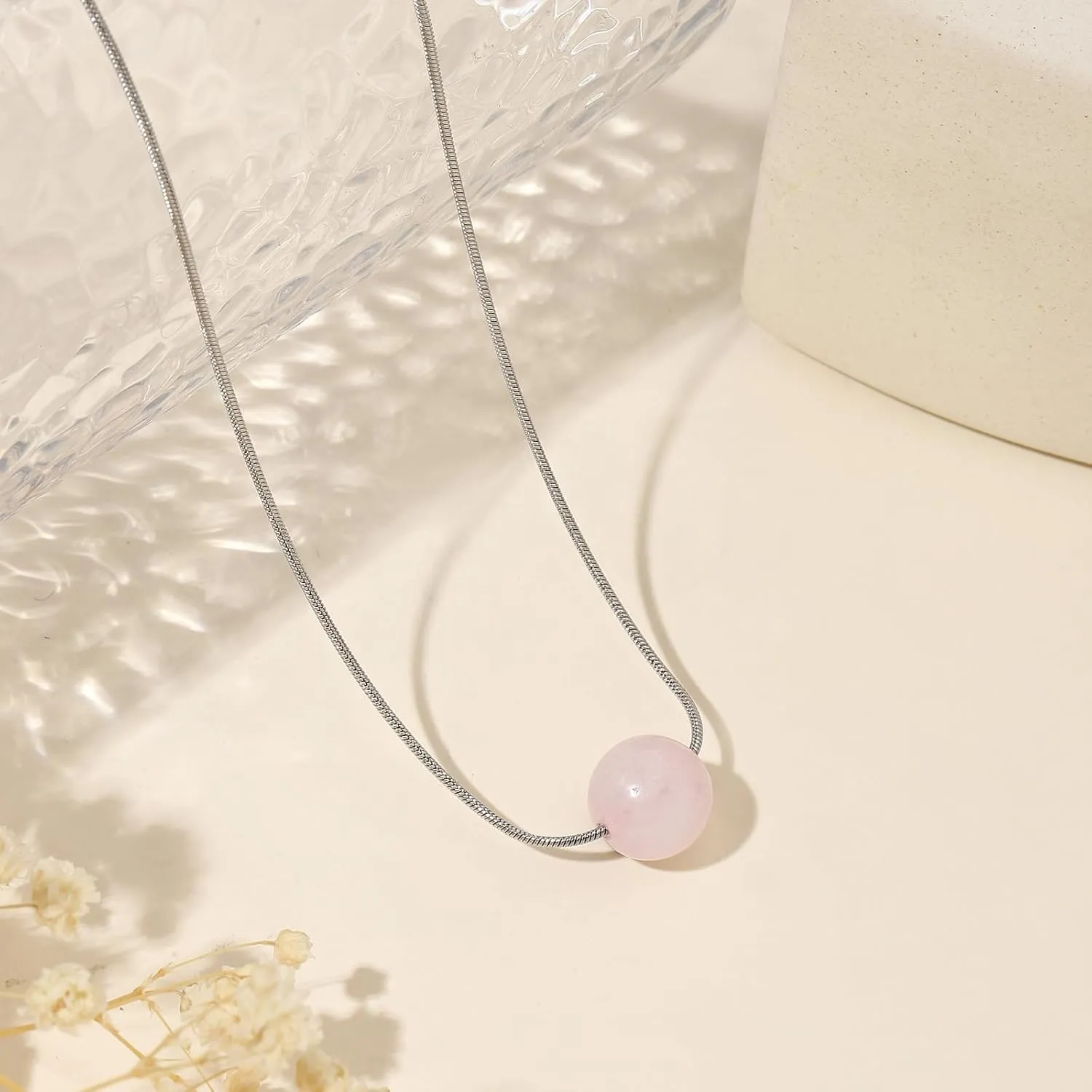Crystal Necklaces for Women 10mm 18K Gold White Plated Crystal Pendant Natural Stone Necklace Adjustable Gemstone Necklace Healing Crystal Necklace Silver Necklaces for Women