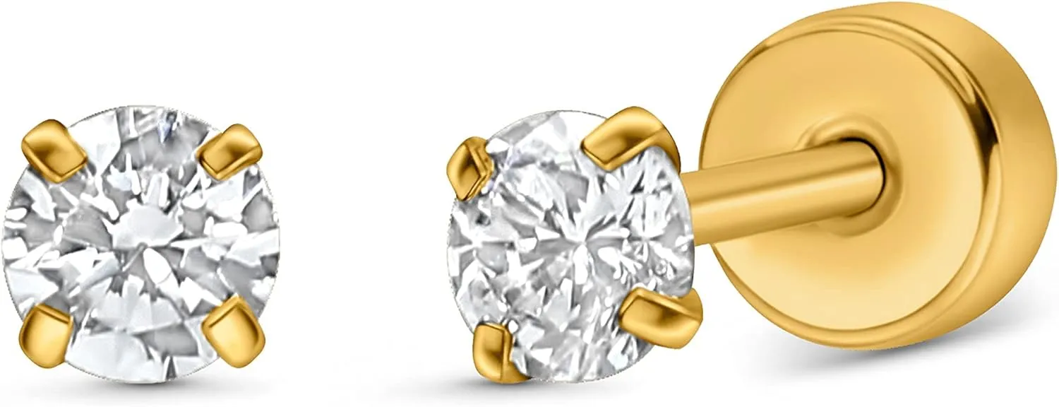 Crystal Tiny Stud with Screw on Back Earrings for Women & Girls Stainless Steel 18k Gold Plated Stud Earrings
