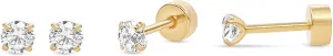 Crystal Tiny Stud with Screw on Back Earrings for Women & Girls Stainless Steel 18k Gold Plated Stud Earrings