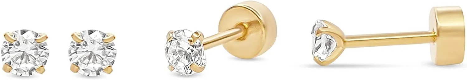 Crystal Tiny Stud with Screw on Back Earrings for Women & Girls Stainless Steel 18k Gold Plated Stud Earrings