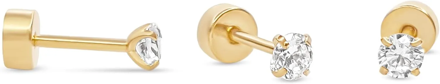 Crystal Tiny Stud with Screw on Back Earrings for Women & Girls Stainless Steel 18k Gold Plated Stud Earrings
