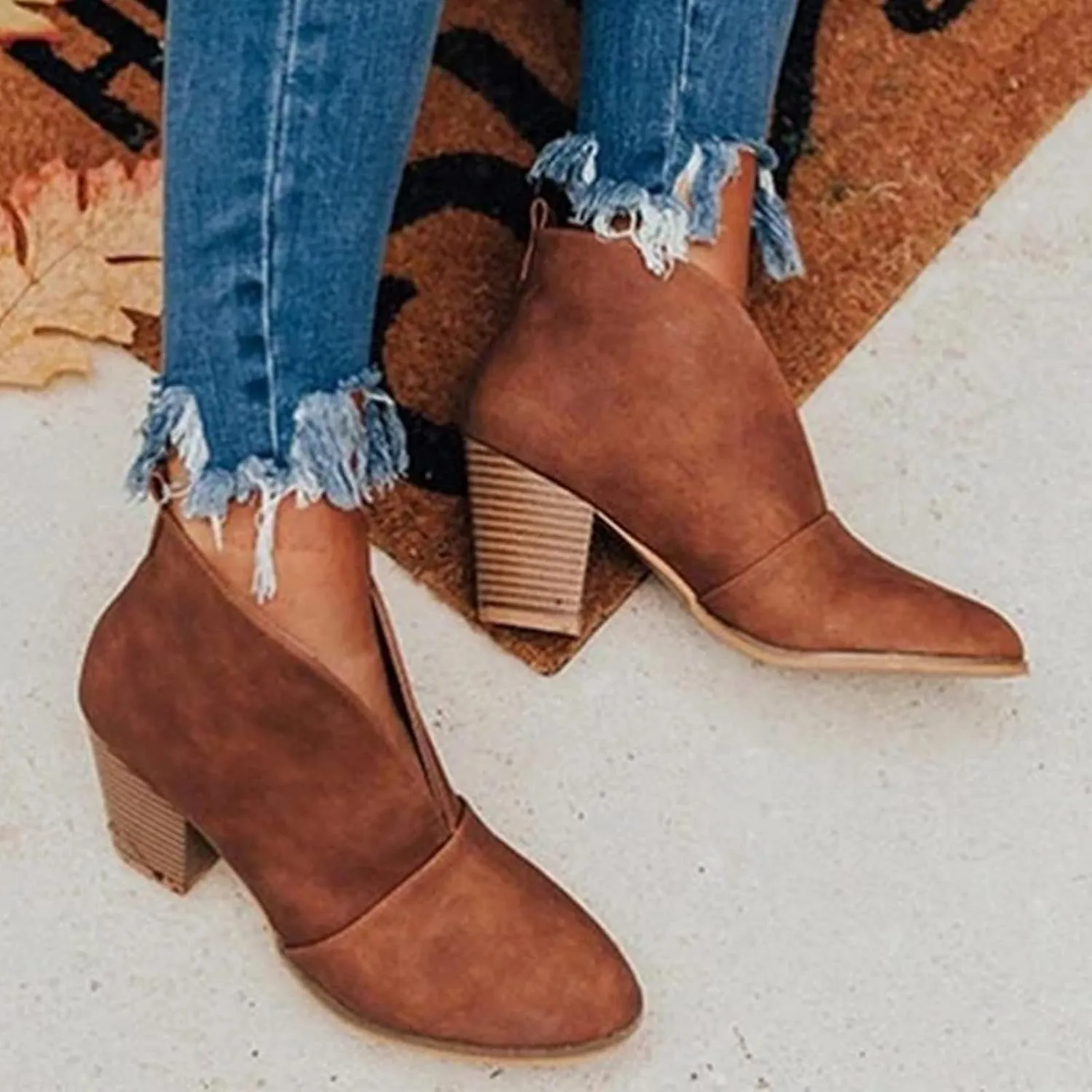 Crzidha High Heel Ankle Boot for Women,Comfortable Arch Support Stacked Mid Heel Booties Cut Out Slip On Booties Modern Business Work Boots for Ladies Dressy Casual Leather Boots