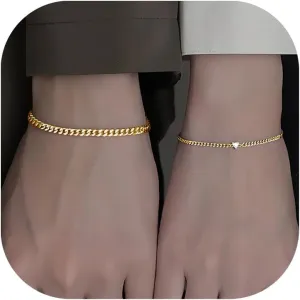 CSIYANJRY99 2 Pcs Matching Bracelets for Couples Permanent Rhinestone Heart Bracelets Stainless Steel Cuban Chain Bracelet Set Pinky Promise Friendship Bracelets for Women