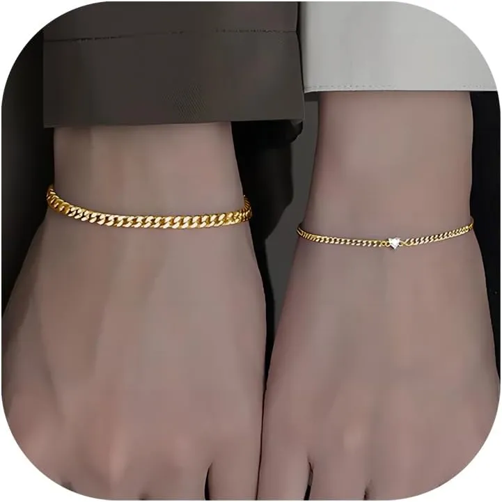 CSIYANJRY99 2 Pcs Matching Bracelets for Couples Permanent Rhinestone Heart Bracelets Stainless Steel Cuban Chain Bracelet Set Pinky Promise Friendship Bracelets for Women