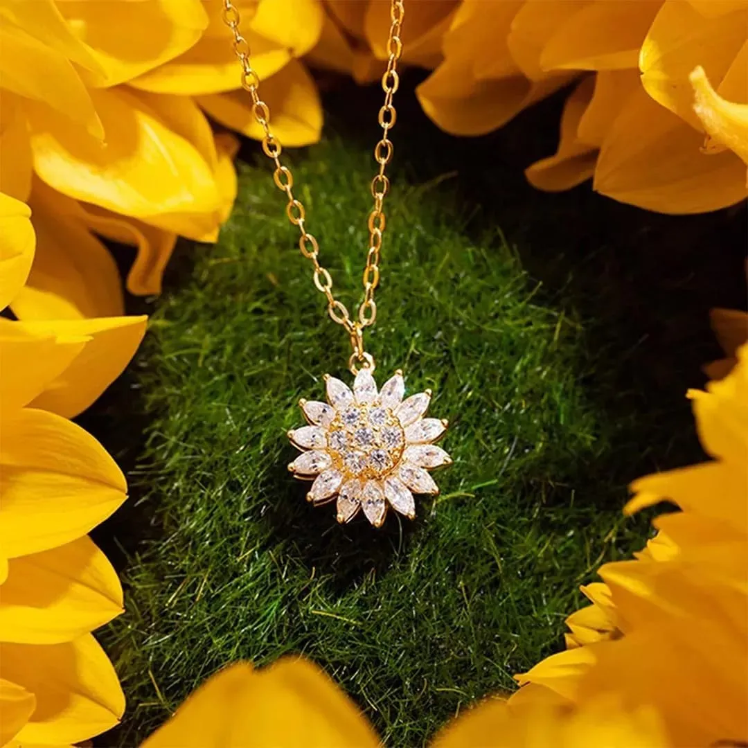 Cubic Zirconia Necklace Ring 2 PCS, Fidget Necklace, Sunflower Necklace 24k Gold Plated Titanium Double Rotating Layered CZ Necklaces for women Sparkly Necklaces