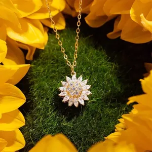 Cubic Zirconia Necklace Ring 2 PCS, Fidget Necklace, Sunflower Necklace 24k Gold Plated Titanium Double Rotating Layered CZ Necklaces for women Sparkly Necklaces