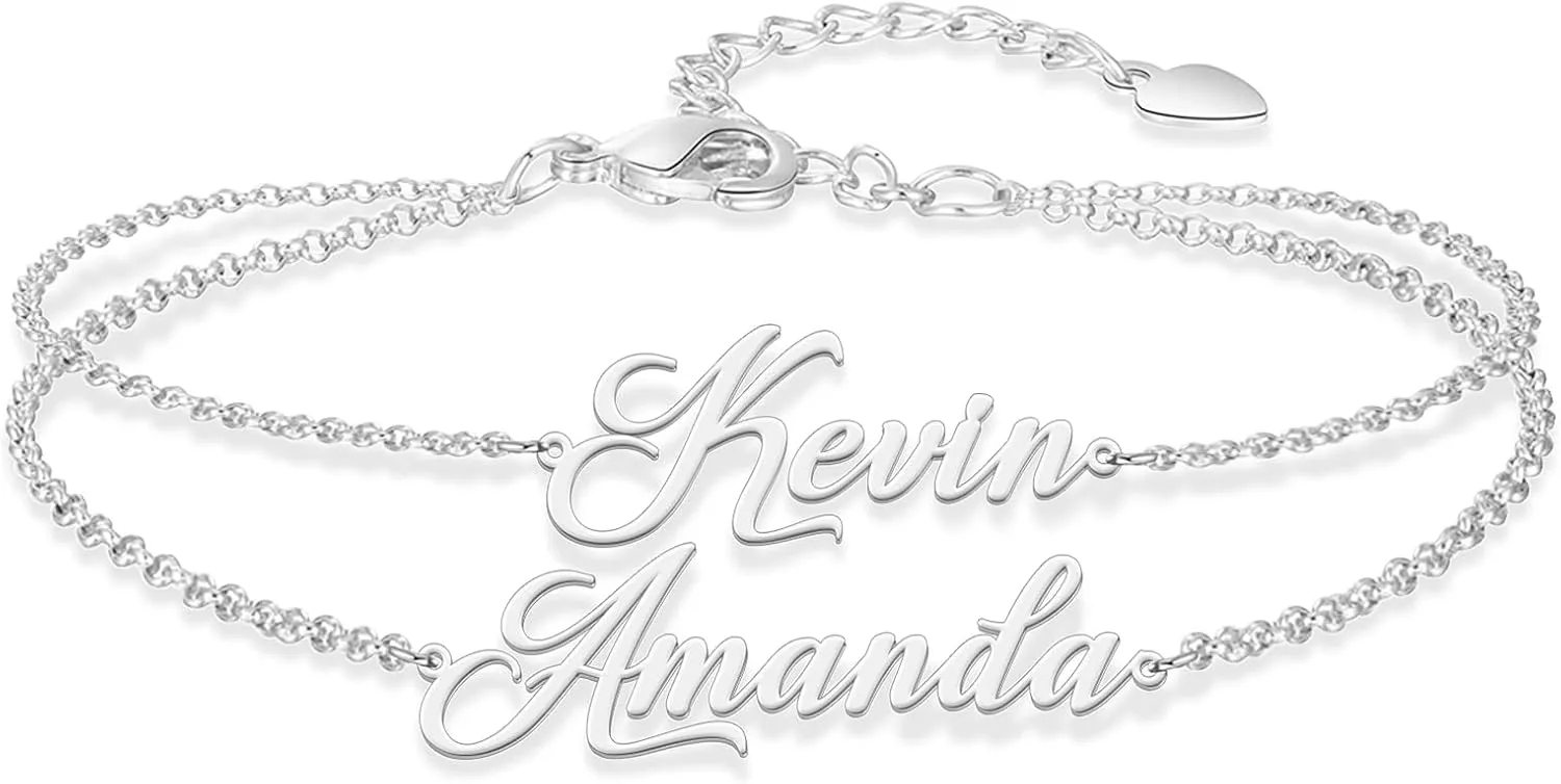 Custom Bracelets with 2 Names for Women, 925 Sterling Silver Adjustable Personalized Name Anklet Bracelets, Custom Bracelets Summer Beach Jewelry Dainty Gifts for Wife, Sister, Friends
