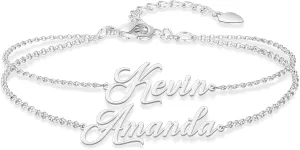 Custom Bracelets with 2 Names for Women, 925 Sterling Silver Adjustable Personalized Name Anklet Bracelets, Custom Bracelets Summer Beach Jewelry Dainty Gifts for Wife, Sister, Friends