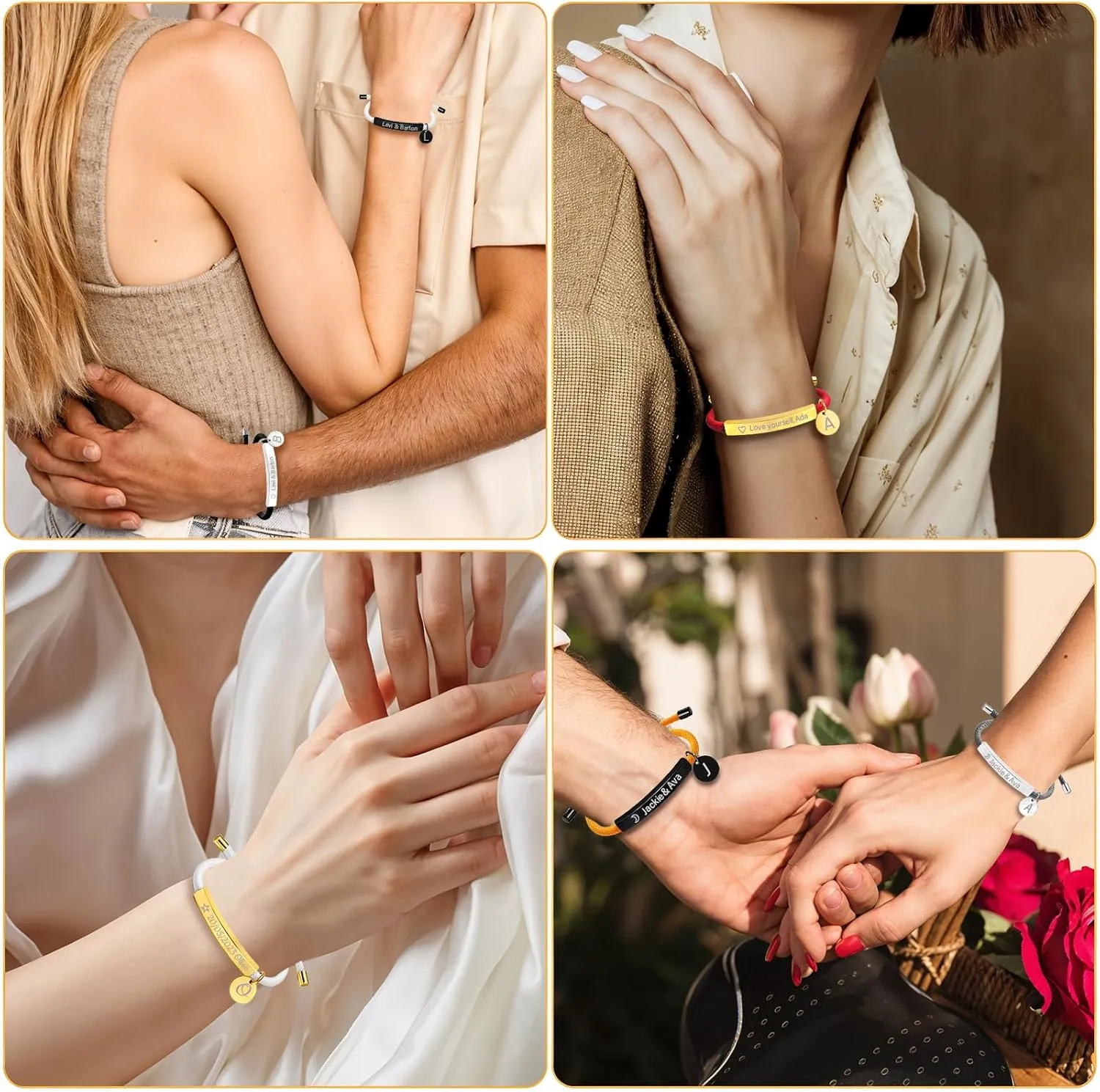 Custom Bracelets with Names, Personalized Bracelets for Women, Custom Engraved Bracelet for Men Customized Adjustable Handmade Bracelets Personalized Valentines Day Gifts for Her Couple