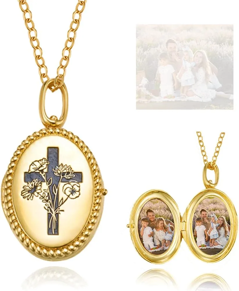 Custom Picture Locket Necklace with Birth Flower Cross and Back Engraved Personalized Photo Oval Lockets Necklaces for Women Customized Double Picture Memorial Locket Pendant with Pictures Inside