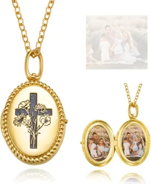 Custom Picture Locket Necklace with Birth Flower Cross and Back Engraved Personalized Photo Oval Lockets Necklaces for Women Customized Double Picture Memorial Locket Pendant with Pictures Inside