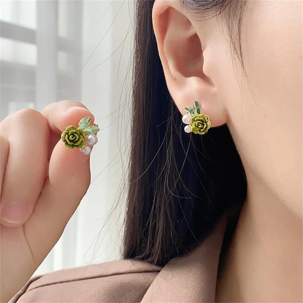 Cute Camellia Flower Stud Earrings for Women 925 Sterling Silver Post Gold-Toned Dainty Crystal Leaf Shell Pearl Balls Cartilage Studs Elegant Wedding Birthday Party Jewelry
