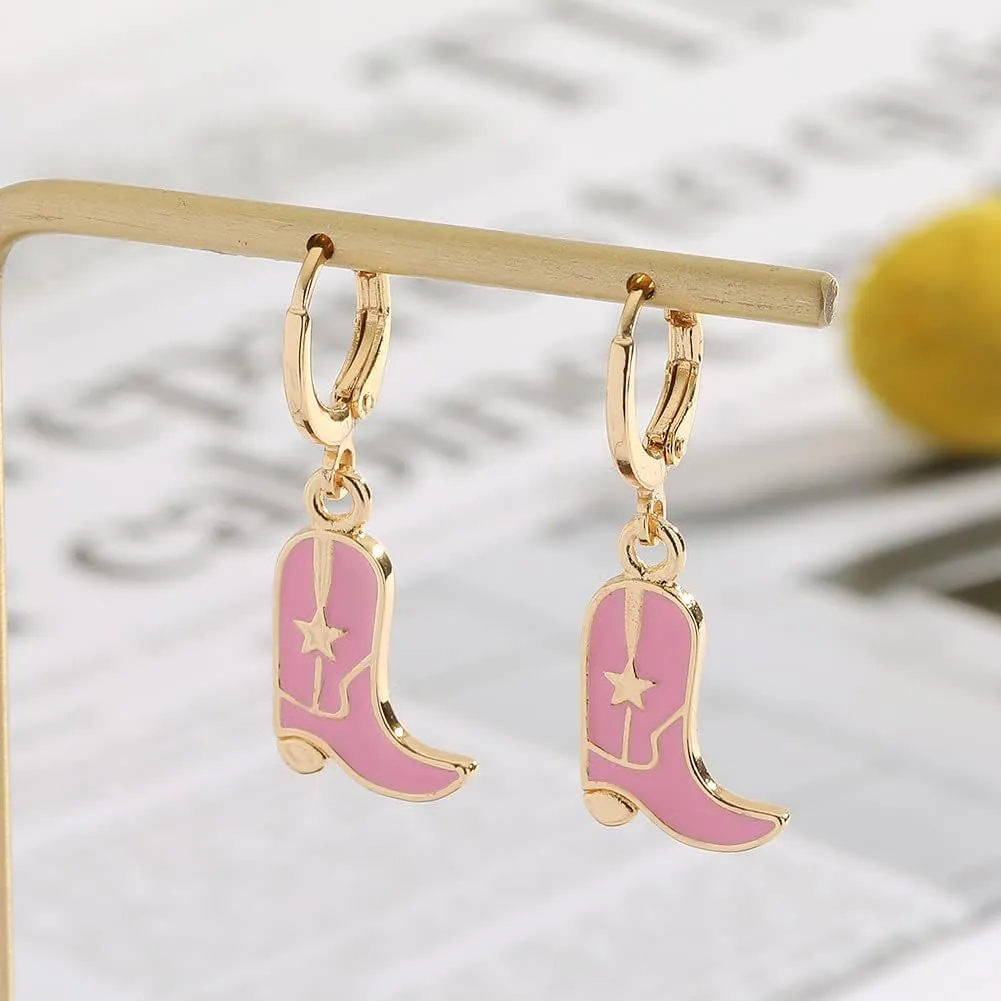 Cute Cowgirl Boot Hat Earrings Enamel Western Cowboy Dangle Drop Earrings